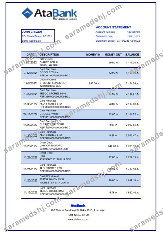 Azerbaijan AtaBank bank statement